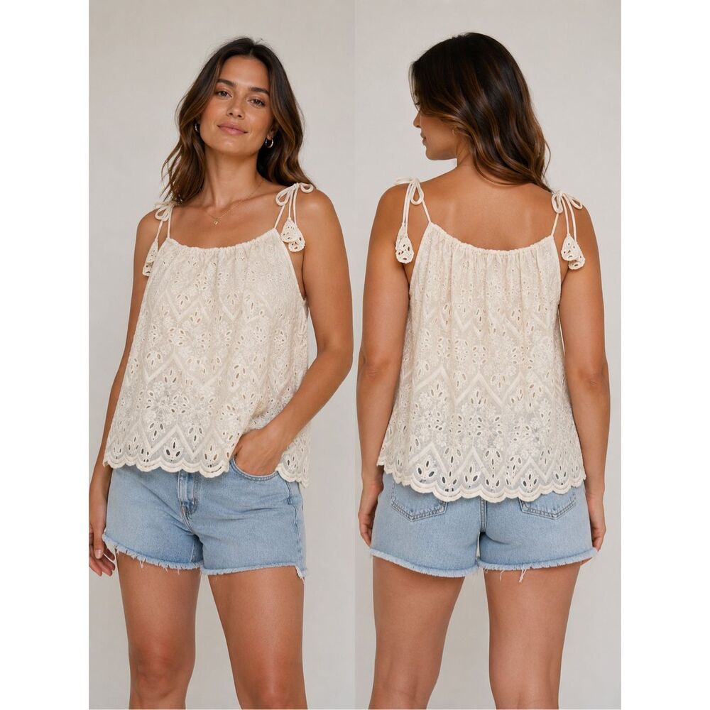 Skies are Blue Eyelet Lace Tie Strap Blouse Medium Coquette Romantic #500
